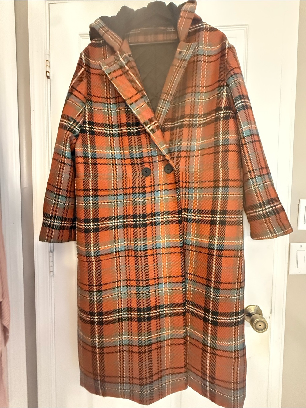 AllSaints Orange Plaid Hooded Trench Coat